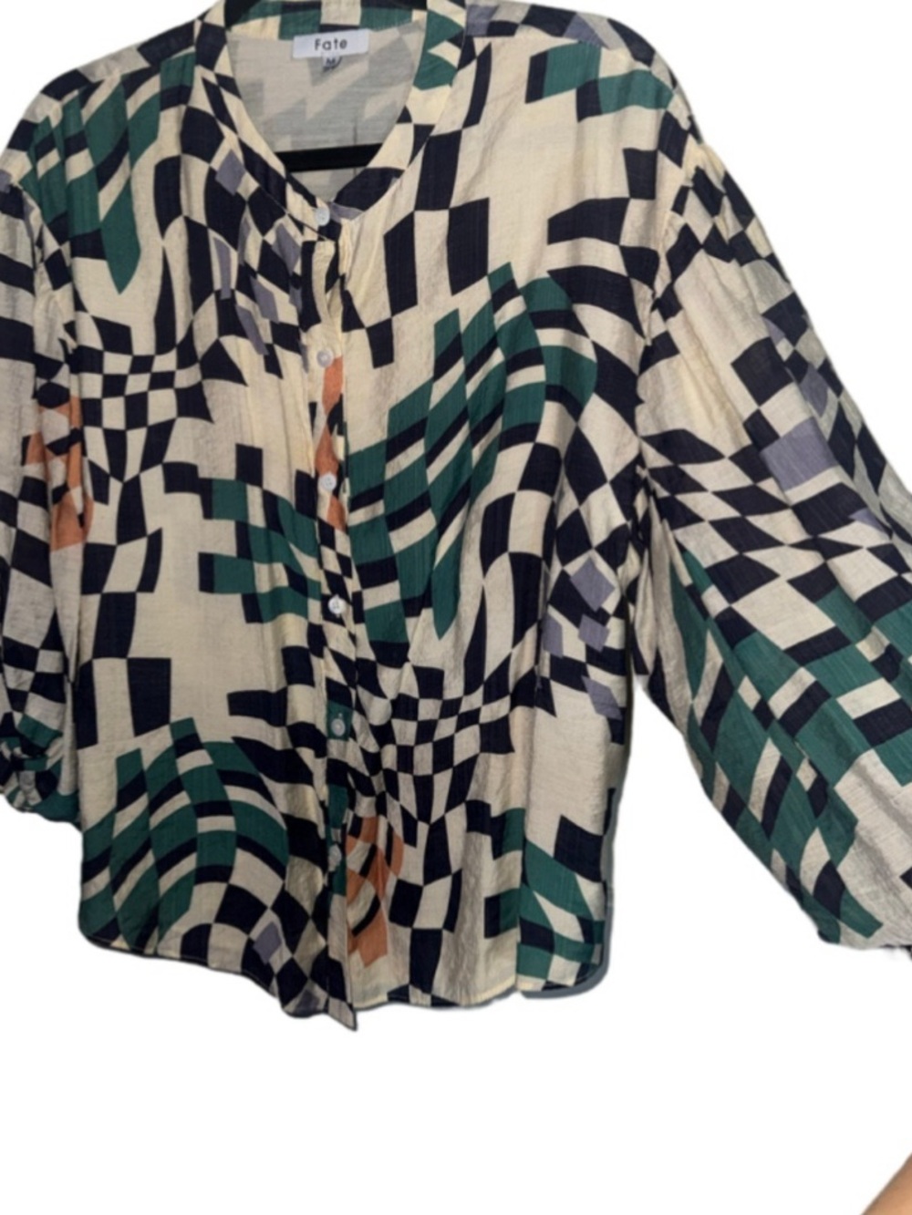Fate Geometric Print Button-Front Top in Cream, Green & Black